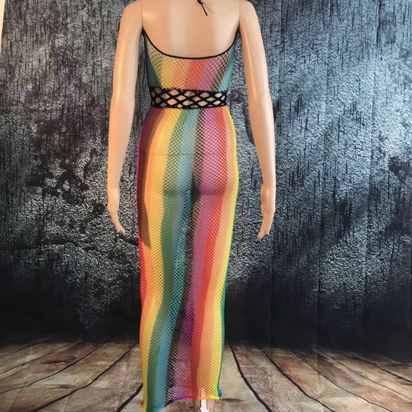 (2PC SET!) Rainbow Fishnet Stretch-Fit Dress W/Bag - Picture 5 of 7